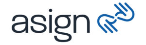 Asign logo with the word asign in black text and two blue hands signing